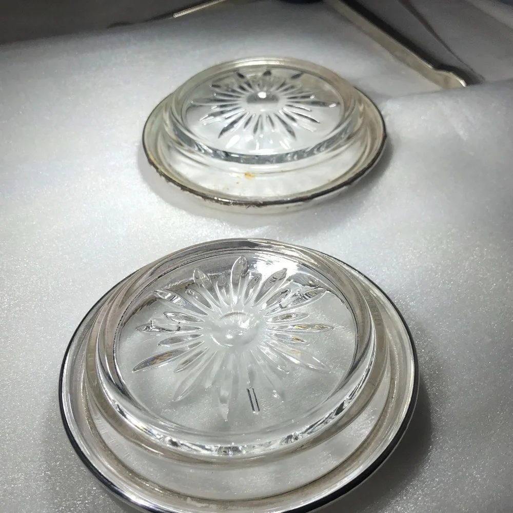 VINTAGE CROWN STERLING & CRYSTAL SUNBURST COASTERS OR ASHTRAYS - SET OF 2